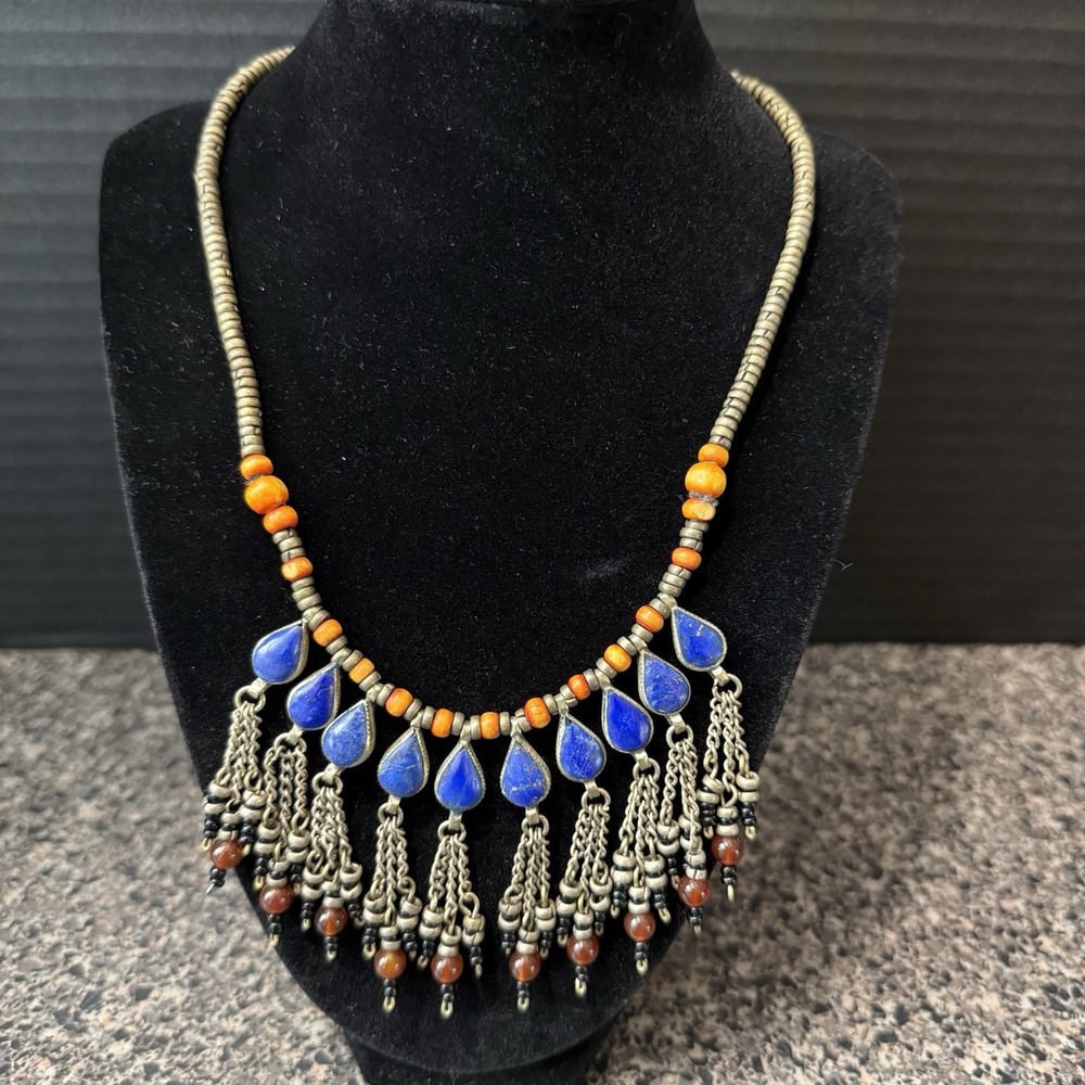 Vintage Afghan Kuchi Tribal Necklace Lapis Carnelian Chain Fringe Boho 18" W/Bag